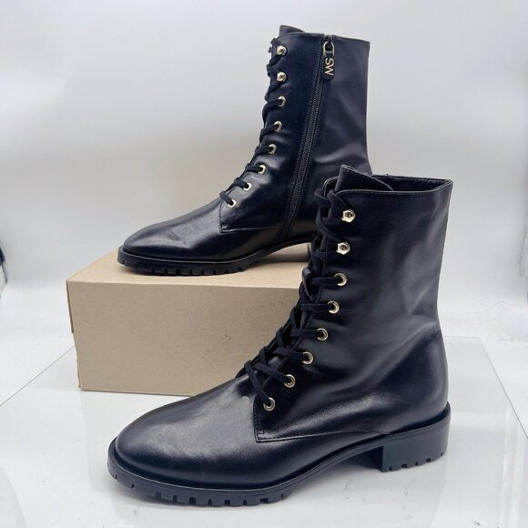 Stuart Weitzman Laine Leather Combat Lace Up Boots Black US 10 EU 40.5 NEW - Picture 2 of 13